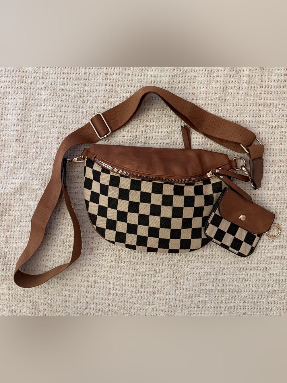 Checkerboard Canvas & Vegan Leather Crossbody Bum Bag with detachable coin pouch